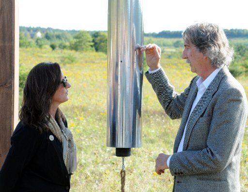 Paul Murdoch, Architect of the Flight 93 Memorial explains the prototype of one of the chines followng the "Soundbreaking" at the future site of the Tower of Voices, a 93 feet tall tower of 40 chimes, near the entrance of Flight 93 National Memorial ...