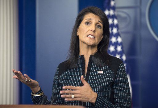 UN Ambassador Nikki Haley addresses the issue of North Korea during a press conference in the Brady Briefing Room of the White House in Washington, DC on September 15, 2017. Photo by Pat Benic\/