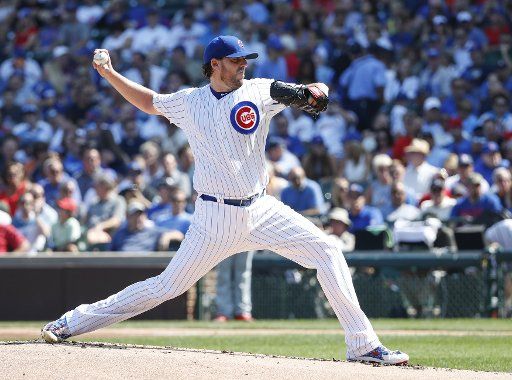 Chicago Cubs starting pitcher John Lackey delivers against the St. Louis Cardinals in the second inning at Wrigley Field on September 15, 2017 in Chicago. Photo by Kamil Krzaczynski\/