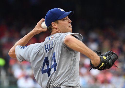 Los Angeles Dodgers starter Rich Hill delivers a pitch during the third inning of game against the Washington Nationals at Nationals Park on September 16, 2017. Photo by Pat Benic\/