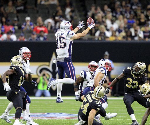 New England Patriots wide receiver Chris Hogan (15) recovers an onside kick late in the game against the New Orleans Saints at the Mercedes-Benz Superdome in New Orleans September 17, 2016. Photo by AJ Sisco\/