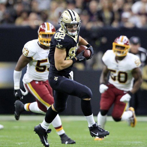 New Orleans Saints tight end Coby Fleener (82) takes Drew Brees pass 25 yards against the Washington Redskins at the Mercedes-Benz Superdome in New Orleans November 19, 2017. Photo by AJ Sisco\/