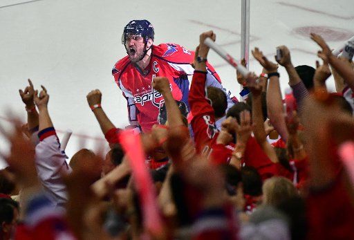 Washington Capitals left wing Alex Ovechkin (8) celebrates after scoring a goal against the Pittsburgh Penguins in the second period of the Eastern Conference Semifinals at the Verizon Center in Washington, D.C. on April 27, 2017. Photo by Kevin Dietsch\/