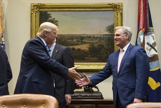President Donald Trump greets Senate House Majority Leader Kevin McCarthy, R-Calif., at the start of a meeting congressional leaders in the Roosevelt Room at the White House on June 6, 2017. Photo by Kevin Dietsch\/