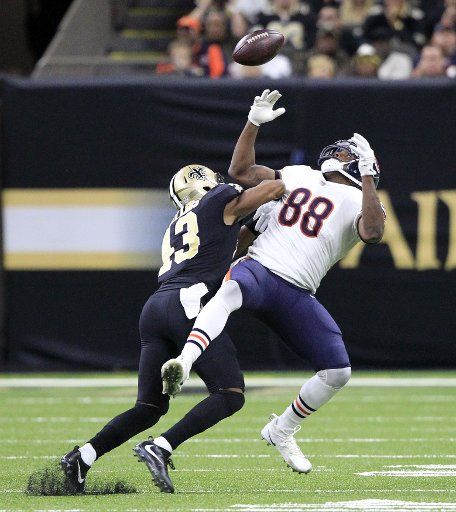New Orleans Saints free safety Marcus Williams (43) knocks the ball away from Chicago Bears tight end Dion Sims (88) in the fourth quarter at the Mercedes-Benz Superdome in New Orleans October 29, 2017. Photo by AJ Sisco\/