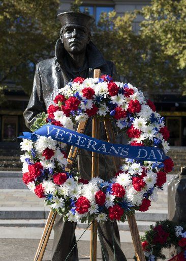 A Veterans Day wreath is seen at the United States Naval Memorial on Veterans Day, November 10, 2017 in Washington, D.C. Photo by Kevin Dietsch\/