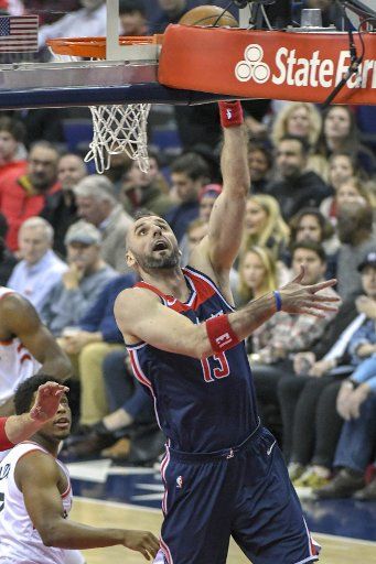 Washington Wizards center Marcin Gortat (13) scores in the first half at Capital One Arena in Washington, D.C. on February 1, 2018. Photo by Mark Goldman\/