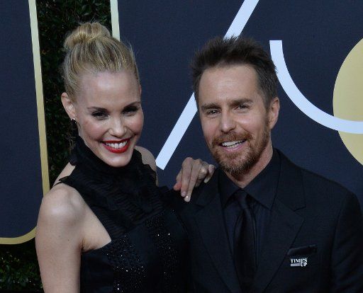 Actors Leslie Bibb (L) and Sam Rockwell attend the 75th annual Golden Globe Awards at the Beverly Hilton Hotel in Beverly Hills, California on January 7, 2018. Photo by Jim Ruymen\/