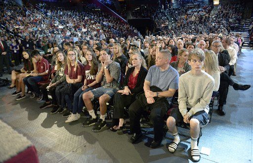 Marjory Stoneman Douglas High School students are recognized before a CNN town hall meeting, Wednesday, February 21, 2018, at the BB&T Center, in Sunrise, Florida. Pool Photo by Michael Laughlin\/