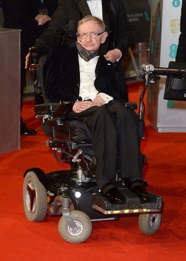 English theoretical physicist and cosmologist Stephen Hawking, shown in this February 8, 2015 file photo at The EE British Academy Film Awards in London, has died at his home in Cambridge, England early March 14, 2018. He was 76. Photo by Paul Treadway\/