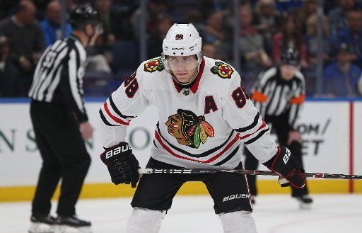 Chicago Blackhawks Patrick Kane waits for the faceoff against the St. Louis Blues in the first period at the Scottrade Center in St. Louis on April 4, 2018. Photo by Bill Greenblatt\/