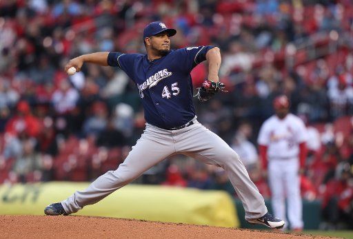 MIlwaukee Brewers starting pitcher Jhoulys Chacin delivers a pitch to the St. Louis Cardinals in the third inning at Busch Stadium in St. Louis on April 9, 2018. Photo by Bill Greenblatt\/