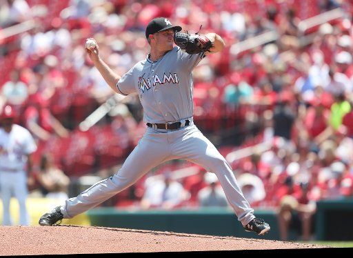 Miami Marlins starting pitcher Trevor Richards delivers a pitch to the St. Louis Cardinals in the third inning at Busch Stadium in St. Louis on June 7, 2018. Photo by Bill Greenblatt\/