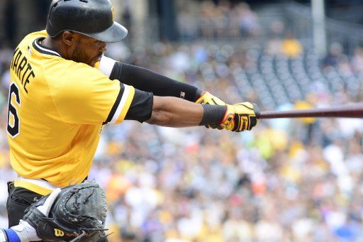 Pittsburgh Pirates center fielder Starling Marte (6) bats in the first inning against the New York Mets at PNC Park on July, 29, 2018 in Pittsburgh. Photo by Archie Carpenter\/