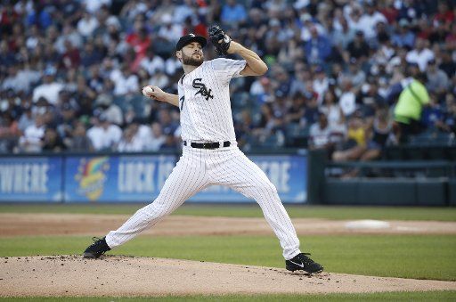 Chicago White Sox starting pitcher Lucas Giolito delivers against the New York Yankees in the first inning at Guaranteed Rate Field on August 8, 2018 in Chicago. Photo by Kamil Krzaczynski\/
