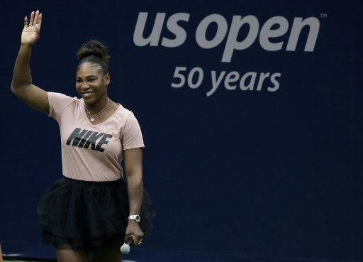Serena Williams arrives on the court at Arthur Ashe Kids Day in Arthur Ashe Stadium at the 2018 US Open Tennis Championships at the USTA Billie Jean King National Tennis Center in New York City on August 25, 2018. Photo by John Angelillo\/