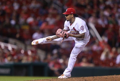 St. Louis Cardinals starting pitcher Carlos Martinez delivers a pitch to the Cleveland Indians in the sixth inning at Busch Stadium in St. Louis on June 26, 2018. St. Louis defeated Cleveland 11-2. Photo by Bill Greenblatt\/