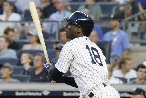 New York Yankees Didi Gregorius hits a double in the 4th inning against the Boston Red Sox at Yankee Stadium in New York City on June 29, 2018. Photo by John Angelillo\/