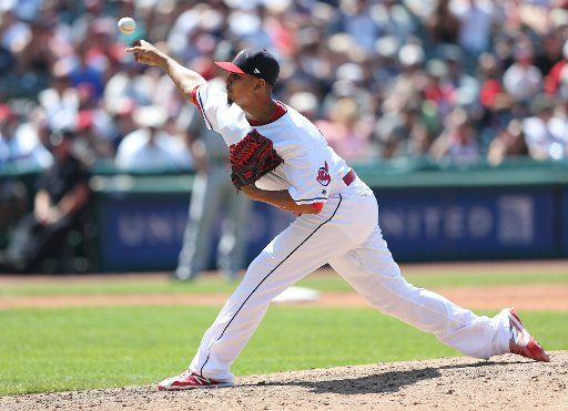 Cleveland Indians Carlos Carrasco pitches in the eighth inning of a game against the New York Yankees at Progressive Field in Cleveland, Ohio on July 15, 2018. Photo by Aaron Josefczyk\/