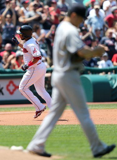 Cleveland Indians Edwin Encarnacion rounds the bases after hitting a two run home run off of New York Yankees pitcher Masahiro Tanaka in the fourth inning at Progressive Field in Cleveland, Ohio on July 15, 2018. Photo by Aaron Josefczyk\/