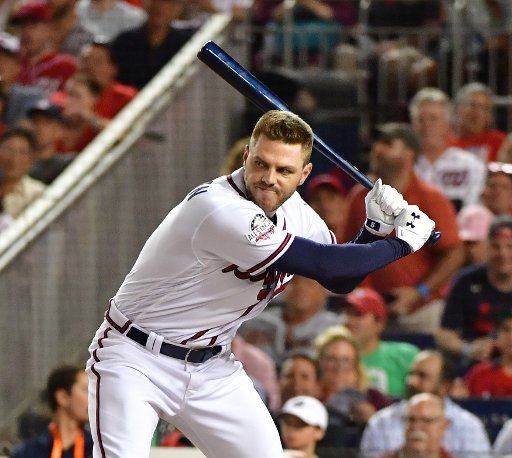Atlanta Braves Freddie Freeman of the National League bats in the 2018 Home Run Derby during the All Star break at Nationals Park in Washington, D.C. on July 16, 2018. Photo by Kevin Dietsch\/