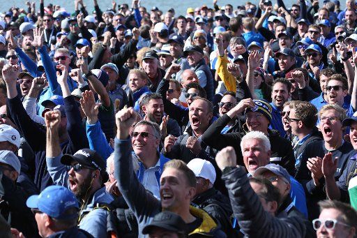 Team Europe fans reacts to a shot on day two of the Ryder Cup at Le Golf National in Guyancourt near Paris on September 29, 2018. Photo by David Silpa\/