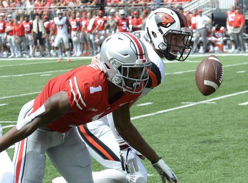 Ohio State Buckeyes cornerback Jeffrey Okudah (1) receives a defensive pass interference penalty in the first quarter against the Oregon State Beaver at Ohio Stadium in Columbus, Ohio on September 1, 2018. Photo by Archie Carpenter\/