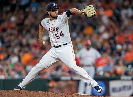 Roberto Osuna of the Houston Astros pitches against the Los Angeles Angels in the 9th inning at Minute Maid Park in Houston on September 2, 2018. Photo by Trask Smith\/