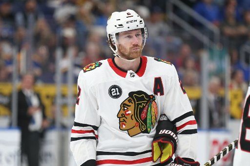 Chicago Blackhawks Duncan Keith skates toward his bench during a timeout against the St. Louis Blues in the first period at the Enterprise Center in St. Louis on October 27, 2018. Photo by Bill Greenblatt\/
