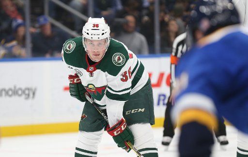 Minnesota Wild Nick Seeler waits for the drop of the puck against the St. Louis Blues during the first period at the Enterprise Center in St. Louis on November 11, 2018. Photo by Bill Greenblatt\/
