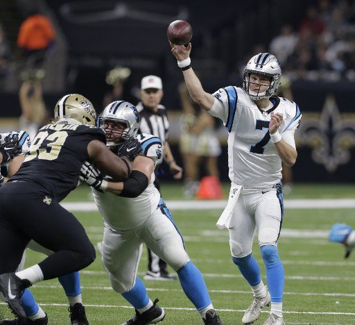 Carolina Panthers quarterback Kyle Allen (7) throws against the New Orleans Saints at the Mercedes-Benz Superdome in New Orleans December 30, 2018. Photo by AJ Sisco\/UPI.