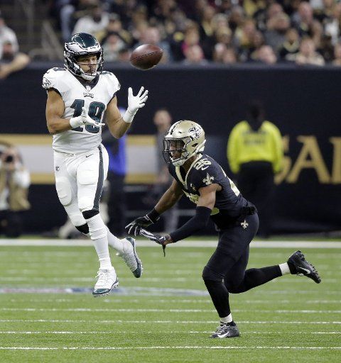Philadelphia Eagles wide receiver Golden Tate (19) catches the ball in front of New Orleans Saints cornerback Eli Apple (25) during the divisional round of the NFC playoffs with the Philadelphia Eagles at the Mercedes-Benz Superdome in New Orleans January 13, 2019. Photo by AJ Sisco\/UPI.