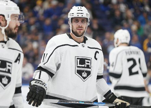 Los Angeles Kings Anze Kopitar of Slovenia waits for a faceoff in the first period against the St. Louis Blues at the Enterprise Center in St. Louis on November 19, 2018. Photo by Bill Greenblatt\/