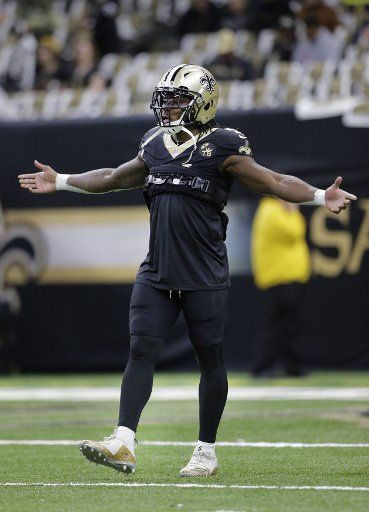 New Orleans Saints running back Alvin Kamara (41) gestures during warm ups before the game with the Atlanta Falcons at the Mercedes-Benz Superdome in New Orleans November 22, 2018. Photo by AJ Sisco\/UPI.