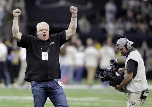 Former New Orleans Saints QB Bobby Hebert fires up the crowd before the the game with the Atlanta Falcons at the Mercedes-Benz Superdome in New Orleans November 22, 2018. Photo by AJ Sisco\/UPI.
