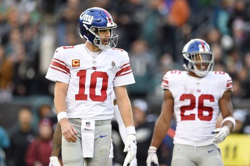 New York Giants quarterback Eli Manning (10) reacts to a penalty called against his team during the second half of an NFL football game against the Philadelphia Eagles at Lincoln Financial Field in Philadelphia on Nov. 25, 2018. The Eagles won 25-22. Photo by Derik Hamilton\/