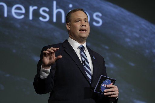 The National Aeronautics and Space Administration (NASA) Administrator Jim Bridenstine announces new Moon to Mars partnerships with American companies during a conference at NASA headquarters in Washington on November 29, 2018. Photo by Yuri Gripas\/