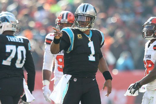 Carolina Panthers Cam Newton signals first down against the Cleveland Browns in the first half at First Energy Stadium in Cleveland on December 91, 2018. Photo by Aaron Josefczyk\/