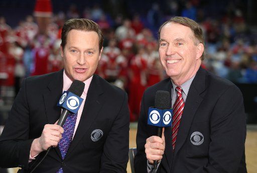 CBS sportscasters Brent Stover and Dan Bonner do their opening as they prepare for the Missouri Valley Basketball Tournament at the Enterprise Center in St. Louis on March 9, 2019. Photo by Bill Greenblatt\/