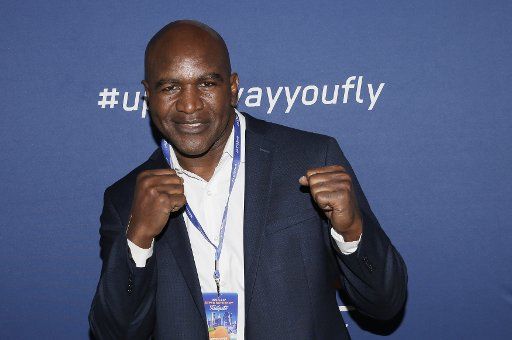 Evander Holyfield at the Wheels Up Super Saturday TaIigate on February 2, 2019 in Atlanta. Photo by John Angelillo\/
