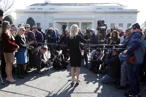 White House Counselor Kellyanne Conway speaks to the media outside the White House in Washington on February 4, 2019. Photo by Yuri Gripas\/UPI..