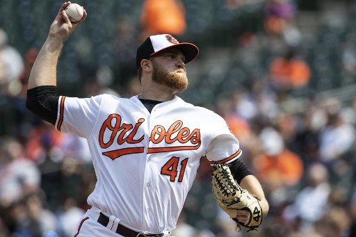 Baltimore Orioles pitcher David Hess (41) throws a pitch during the first inning at Oriole Park at Camden Yards as thee Orioles play the New York Yankees on April 7, 2019 in Baltimore, Maryland. The Yankees lead the early season series 2-0. Photo by Alex Edelman\/
