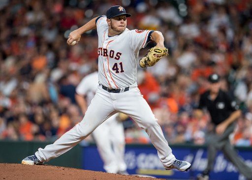 Houston Astros starting pitcher Brad Peacock pitches against the Minnesota Twins in the 5th inning at Minute Maid Park in Houston on April 22, 2019. Photo by Trask Smith\/