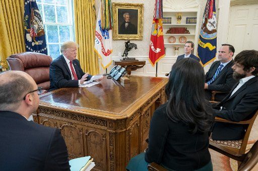 President Donald J. Trump meets with Twitter chief executive Jack Dorsey on April 23, 2019, in the Oval Office of the White House, Washington, DC. White House Photo by Tia Dufor\/