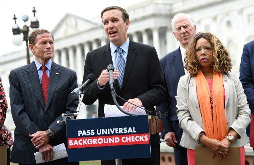 Sen. Chris Murphy, D-CT, joined by Sen. Richard Blumenthal, D-CT, Rep. Mike Thompson, D-Calif, and Rep. Lucy McBath, D-GA, speaks on gun legislation for universal background checks, during press conference at the U.S. Capitol in Washington, D.C. on June 5, 2019. Photo by Kevin Dietsch\/