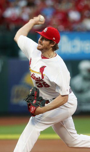 St. Louis Cardinals starting pitcher Miles Mikolas delivers a pitch to the Philadelphia Phillies in the first inning at Busch Stadium in St. Louis on May 6, 2019. Photo by Bill Greenblatt\/