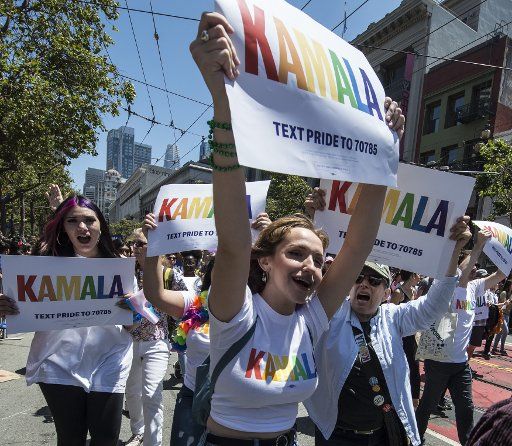 A group supporting Sen. Kamala Harris for president marches in the annual LGBTQ Parade in San Francisco on Sunday, June 30, 2019. Hundreds of thousands turned out to celebrate Pride. Photo by Terry Schmitt\/
