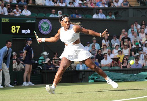 American Serena Williams celebrates victory over Italys Giulia Gatto-Konticone in her first round match at the 2019 Wimbledon championships in Wimbledon on Tuesday, July 2, 2019. Nadal won the match 6-2, 7-5. Photo by Hugo Philpott\/