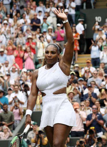 American Serena Williams celebrates victory in her third round match with German Julia Georges at Wimbledon on Saturday, July 6, 2019. Williams won the match 6-4,6-3. Photo by Hugo Philpott\/