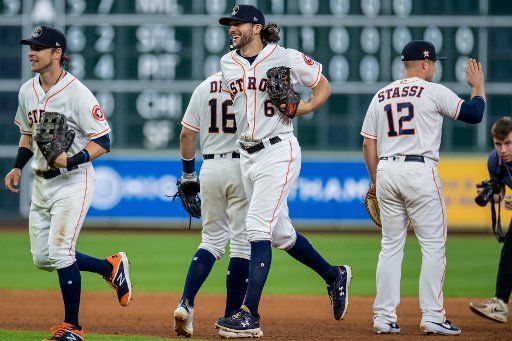 Houston Astros center fielder Jake Marisnick celebrates an 11 to 1 victory against the Oakland Athletics in the 9th inning at Minute Maid Park in Houston on July 22, 2019. Photo by Trask Smith\/